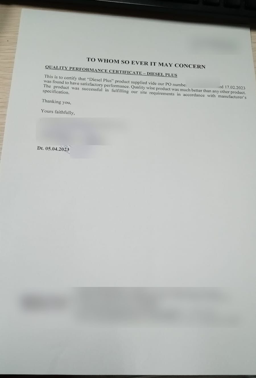 Quality Performance Certificate – Diesel Plus