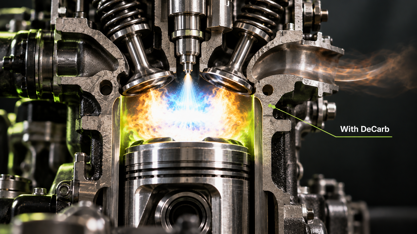 Engine cross-section with DeCarb: complete combustion and a clean combustion path