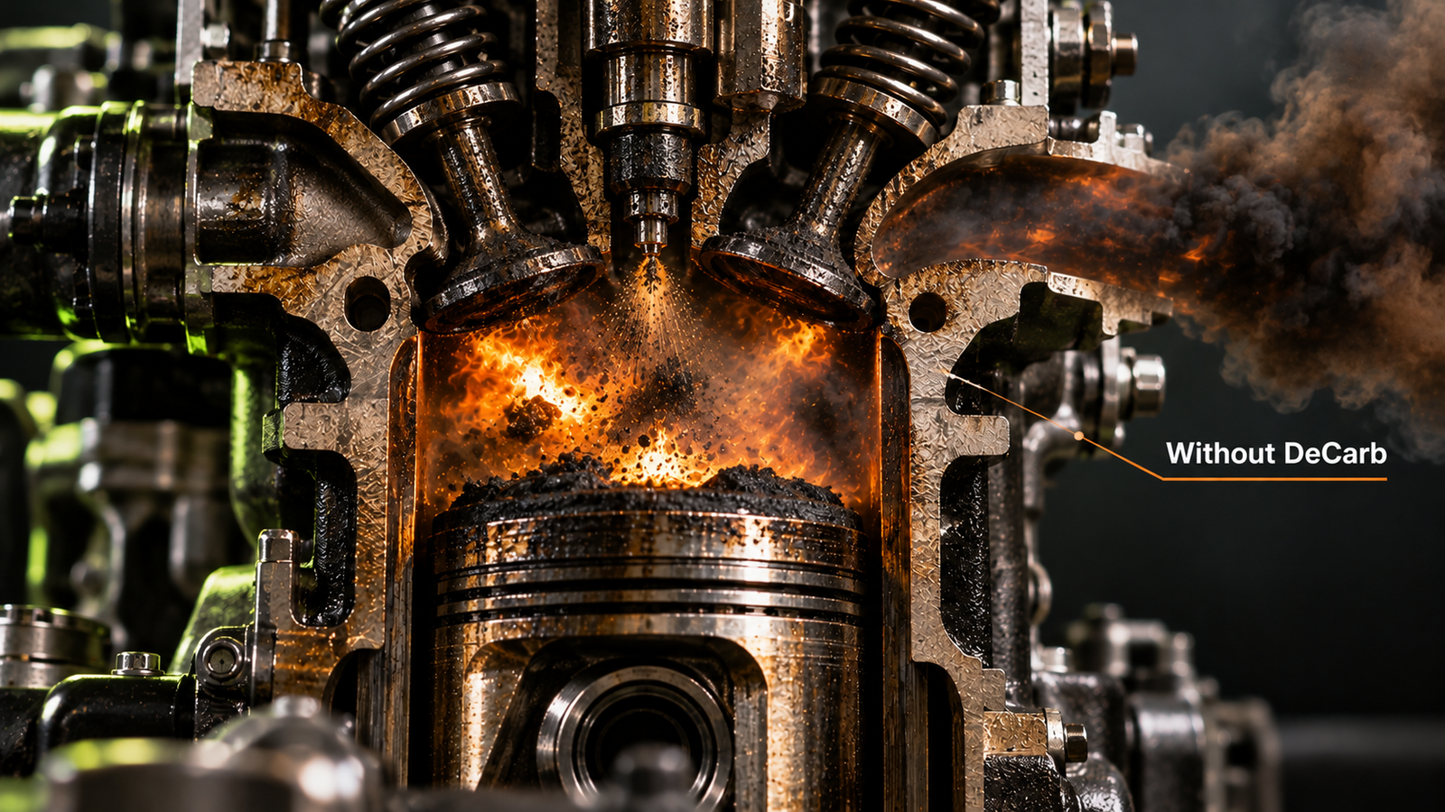 Engine cross-section without DeCarb: incomplete combustion and carbon deposits
